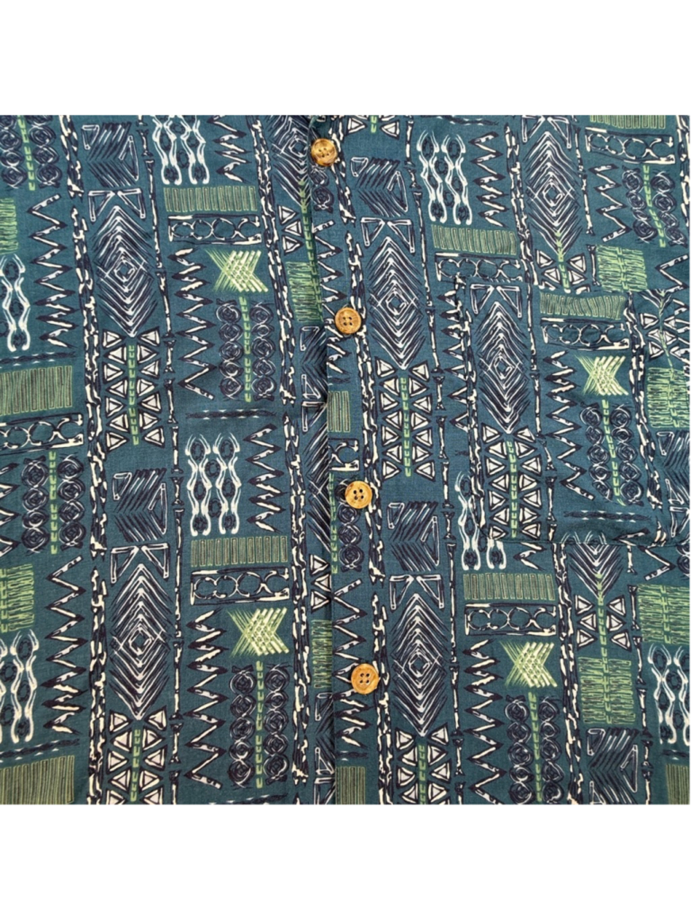Morro Bay Rayon Hawaiian Shirt Men’s Medium Blue Tribal Geometric Camp Shirt - Picture 3 of 6